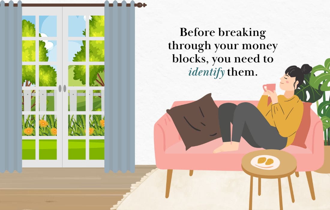 woman sitting on couch thinking about her money blocks